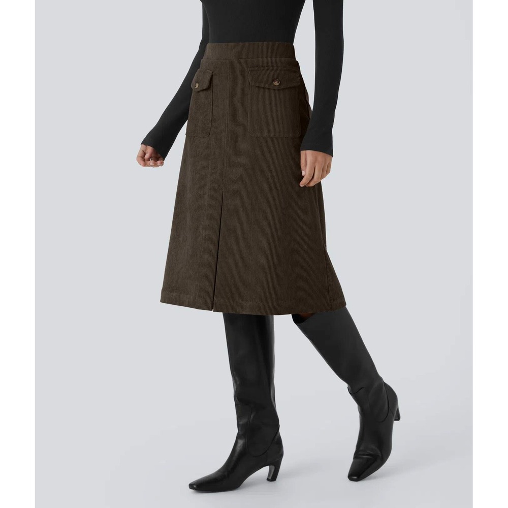 Halara nwt M chocolate brown mid rise midi corduroy skirt office work church - Picture 4 of 5